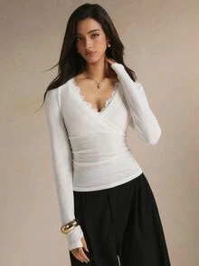 Poéselle Women's Elegant Solid Color Lace Trim T-Shirt, Autumn - White - View 6