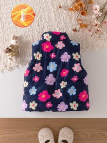 SHEIN 幼女加厚鋪棉背心 可愛甜美海軍藍粉色花卉印花 絎縫無袖立領 厚款戶外度假冬季外套 秋季 - 彩色 - 查看 2