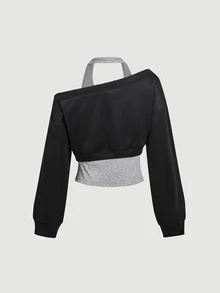 SHEIN MOD 女款拼色不對稱領口二合一運動衫 - 黑色 - 查看 2