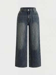 SHEIN Tall CURVE 大尺碼休閒水洗直筒牛仔褲 女教師穿搭 - 深色水洗藍 - 查看 1