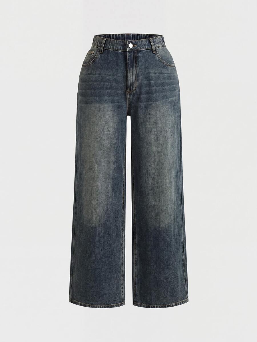 SHEIN Tall CURVE 大尺碼休閒水洗直筒牛仔褲 女教師穿搭 - 深色水洗藍 - 查看 1