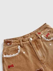 ROMWE Autumn/Winter Sweet Kawaii Embroidered Bear Casual Straight Wide Leg Jeans For Women - Brown - View 3
