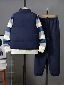 SHEIN 3件組兒童青少年男孩秋冬可愛休閒百搭保暖內裡加厚背心外套、卡其色條紋運動衫、運動慢跑長褲套裝，適合室內、戶外、日常穿著與玩耍 - 藍色 - 查看 2