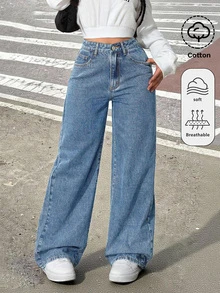 SHEIN Tween Girl Girls' Dark Blue Denim Loose Fit Long Pants - Medium Wash - View 1