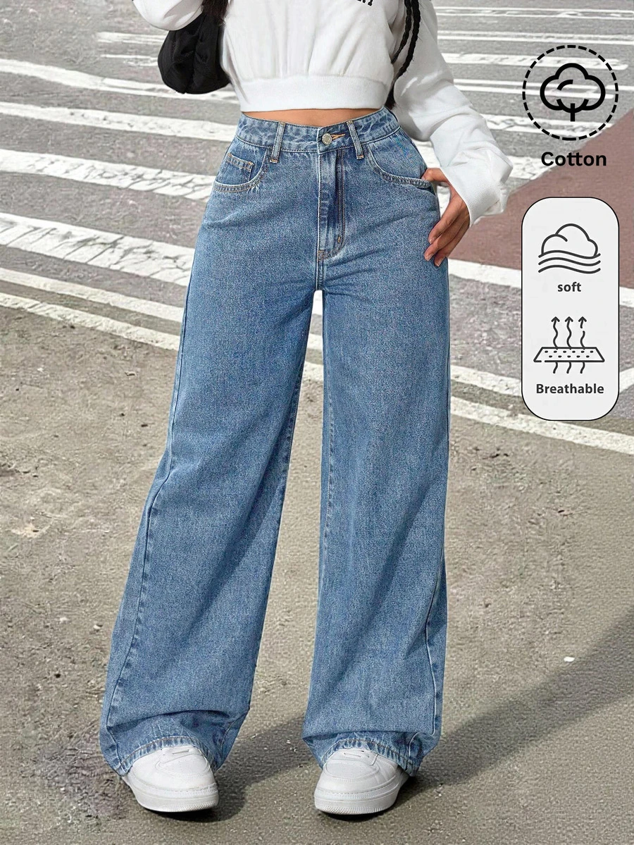 SHEIN Tween Girl Girls' Dark Blue Denim Loose Fit Long Pants - Medium Wash - View 1