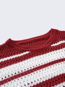 Manfinity Roughcore Men's Striped Crew Neck Short Sleeve Hollow Out Casual Knit Top - Red - View 3