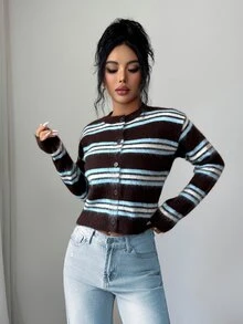 Elenzga Autumn/Winter Korean Vintage Versatile Round Neck Contrast Color Striped Single-Breasted Knit Cardigan Sweater For Women - Coffee Brown - View 5