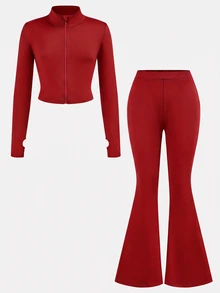 SHEIN Girlism NovaGlow Tween Girl Tween Girl Sporty Casual Daily Knit Solid Color Cardigan Jacket & Flared Long Pants Set - Red - View 2