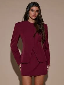 SHEIN BAE Women's Solid Color Round Neck Long Sleeve Jacket And Skirt Elegant Suit Set - Burgundy - View 5