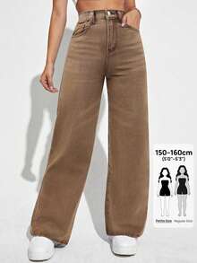 SHEIN PETITE Celana Jeans Denim Kasual Model Washed, Pinggang Tinggi, Potongan Lurus, Musim Gugur, Wanita Bertubuh Mungil, Untuk Sehari-hari - Coklat - View 2