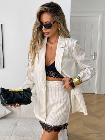 Elyressa Women's Best-Selling Beige & Black Pinstripe Twill Blazer With Tailored Waist, Exquisite Black Lace Trim Cuffs And Lapels, Paired With Short A-Line Skirt With Black Lace Hem, Suitable For Dating, Commuting, Luxury, Glamorous, Elegant French Casual Style, Spring/Autumn/Winter 2 Pieces Suit