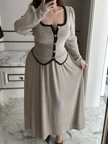 Dazy Plus Autumn New Elegant Square Neck Waist-Cinching Top And Long Flared Skirt 2 Pieces Set - Grey - View 3