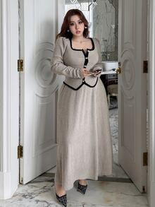 Dazy Plus Autumn New Elegant Square Neck Waist-Cinching Top And Long Flared Skirt 2 Pieces Set - Grey - View 7