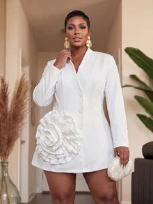 Slaydiva Early Fall Elegant Commute Cocktail Dinner Date Party Business Office Graduation Wedding Girls Gathering Solid White 3D Floral Women's Blazer Dress - White - View 8