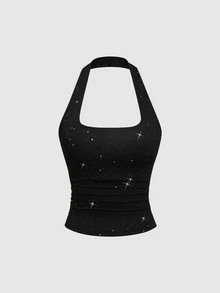 Sweetra Women's Black Sequin Simple Casual Comfortable Versatile U-Neck Tank Top - Black - View 1