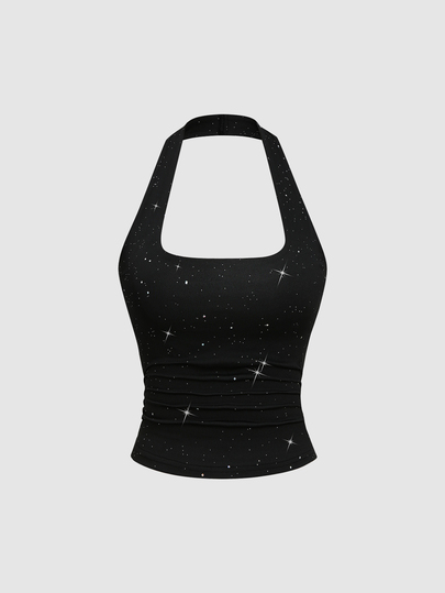 Sweetra Women's Black Sequin Simple Casual Comfortable Versatile U-Neck Tank Top