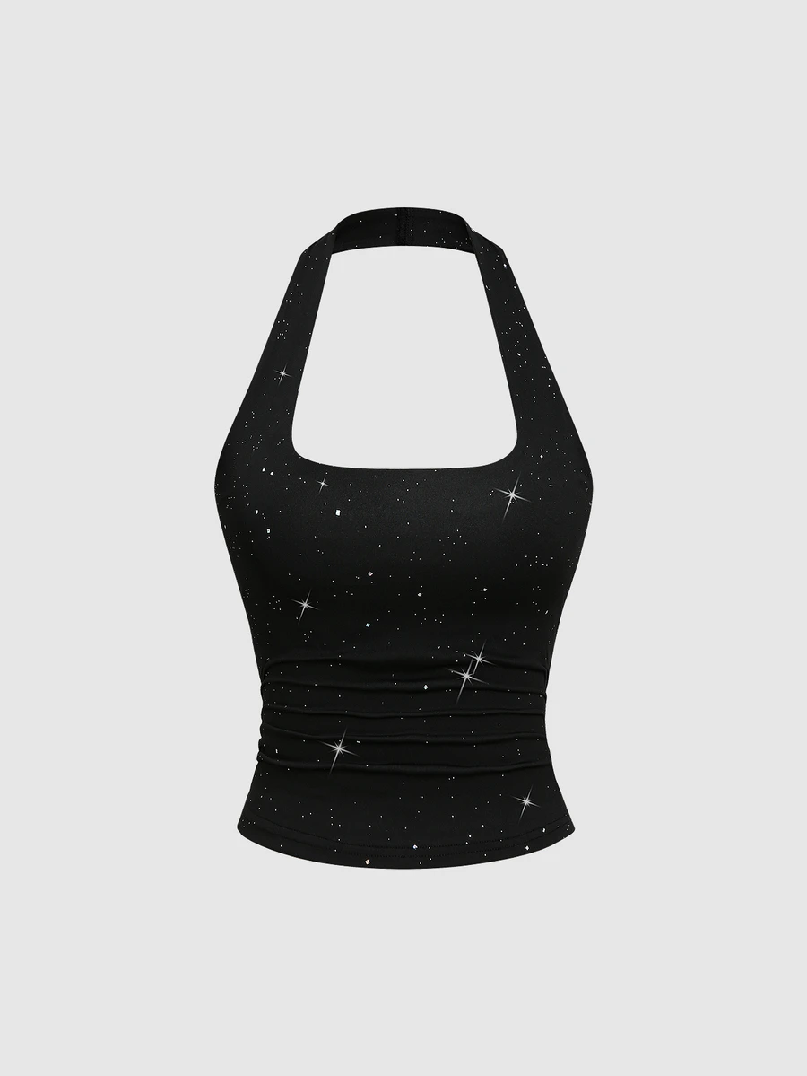 Sweetra Women's Black Sequin Simple Casual Comfortable Versatile U-Neck Tank Top - Black - View 1