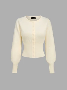 Autumina Women's Solid Color Lantern Sleeve Top And Mini Skirt Knit Set - Beige - View 6