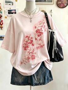 Lalippa Plus Size Women's Floral Print Round Neck Drop Shoulder Casual T-Shirt - Multicolor - View 1