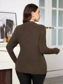 Chikora Plus Size Women Elegant Embroidered Hollow Out Long Sleeve Top - Brown - View 3
