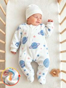 SHEIN Vintaside Kids 2件組新生兒男嬰女嬰連身衣褲套裝，可愛甜美白色藍色星星抓絨拉鍊長袖圓領加厚連腳款，附帽子，適合冬季聖誕節與秋季假期 - 藍白色 - 查看 1