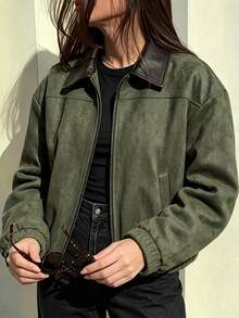 SHEIN Women's Autumn/Winter Casual Outing Commute Suede Fleece Loose Long Sleeve Jacket - Army Green - View 8