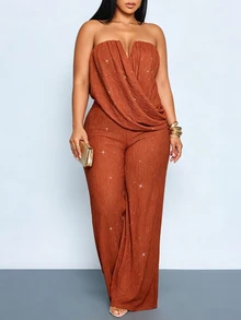 SOLERSUN Plus Size Elegant Party Strapless Ruched Draped Wide Leg Jumpsuit, High Elastic Textured Shiny Party, Fashion Elegant Commute Party Halloween Party - Rust Brown - View 7