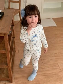 DAZY Baby Girls Round Neck All-Over Print Long Sleeve T-Shirt And Long Pants Loungewear Fall - Beige - View 7