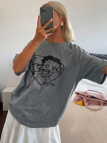 DAZY 女款卡通印花休閒短袖T恤，適合日常穿著 - 灰色 - 查看 4