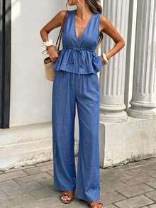 Serisse Women's Solid Color Pleated V-Neck Top And Long Pants Casual Daily 2 Pieces Set - Medium Wash - View 3