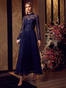 MOTF PREMIUM WOMEN'S ELEGANT MOCK NECK LONG SLEEVES LACE MAXI GOWN FOR FORMAL EVENING PARTY, WEDDINGS, GALAS - Navy Blue - View 7