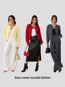 SHEIN BASICS 女款溫柔風百搭鈕扣長袖針織開襟衫 - 鵝黃色 - 查看 9