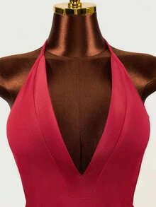 Mistrie Women's Halter Neck Deep V-Neck Solid Color Sexy Dress - Red - View 9