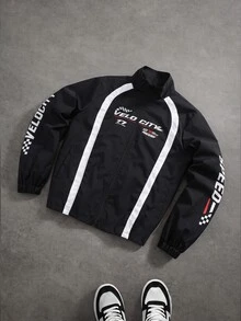 Manfinity Roghcode Men's Fashion Motorcycle Style Letter Print Jacket - Black - View 1