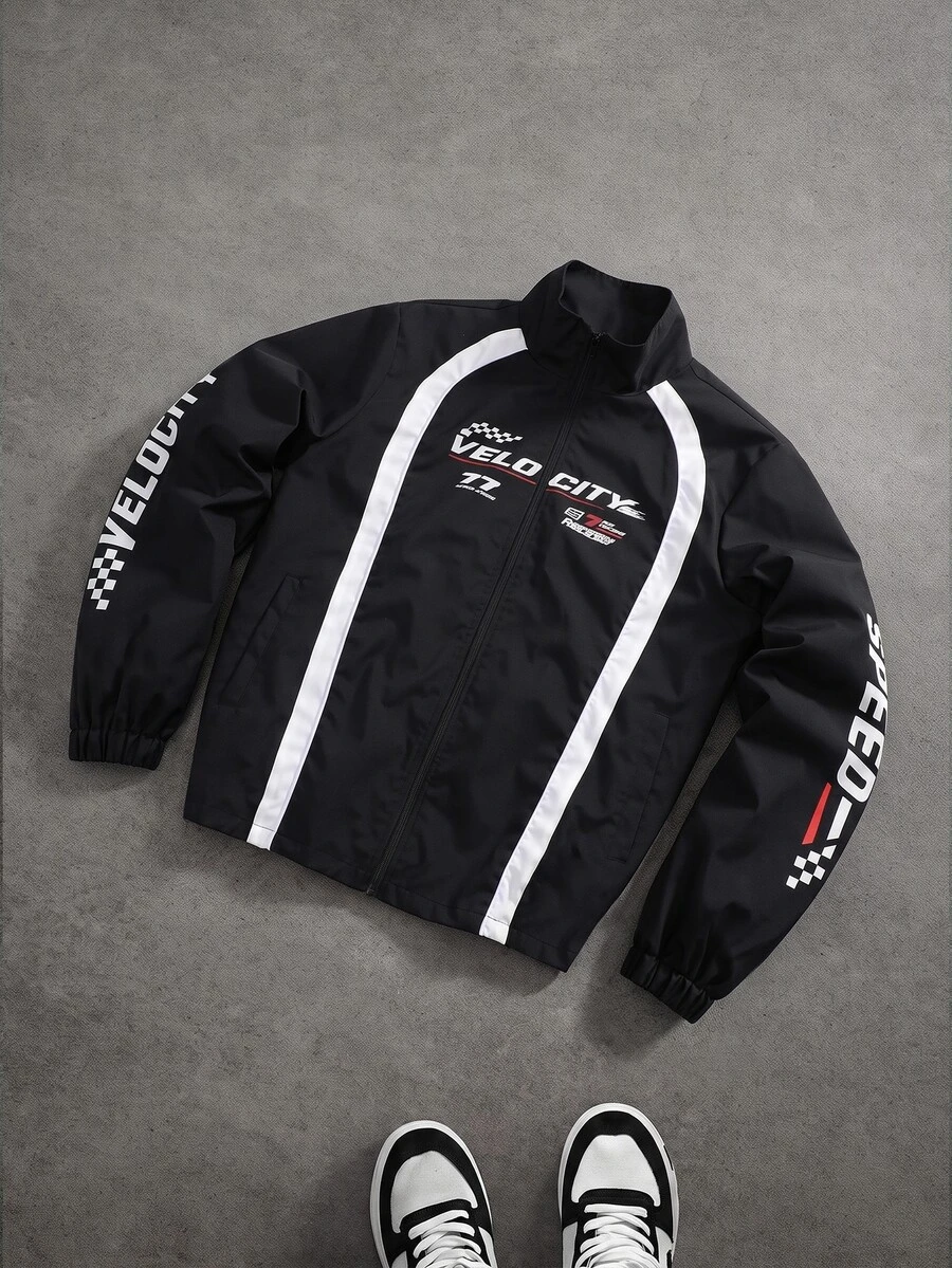 Manfinity Roghcode Men's Fashion Motorcycle Style Letter Print Jacket - Black - View 1