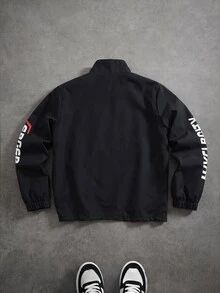 Manfinity Roghcode Men's Fashion Motorcycle Style Letter Print Jacket - Black - View 2