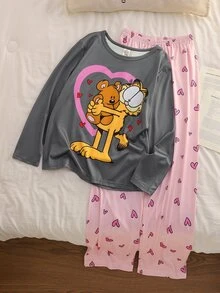 GARFIELD | SHEIN Tween Girl Cute Cartoon Print Long Sleeve Top & Pants Loungewear Set - Grey - View 2