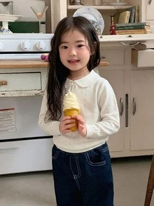 DAZY 女嬰紋理蝴蝶結領長袖韓式優雅T恤上衣 - 杏色 - 查看 5