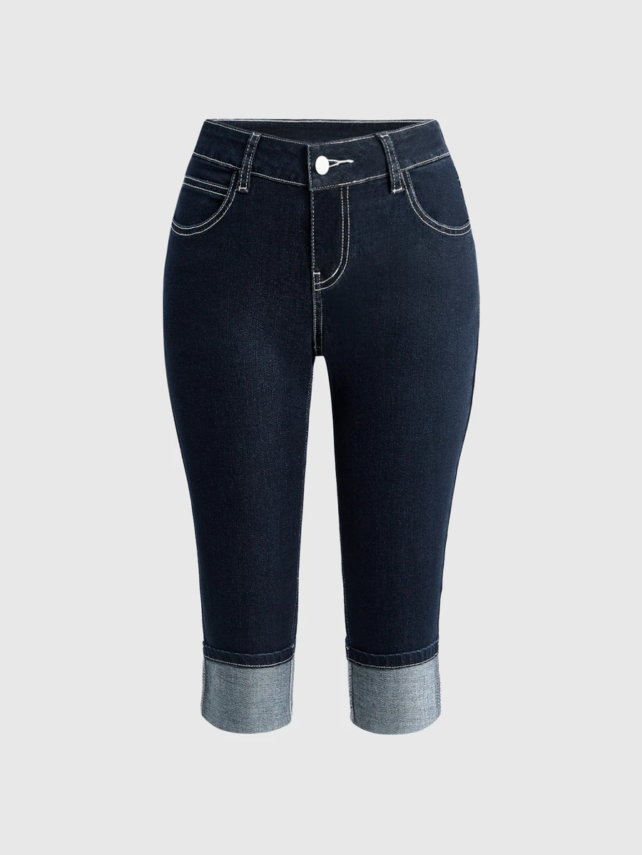 ROMWE Plus Size Y2K All-Match Versatile Retro Fitted Denim Mid-Length Pants - Blue - View 1