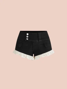Sweetness Plus Size Women's Y2K Sweet Casual Cotton Ruffle Embroidered Lace Black Denim Shorts - Black - View 1