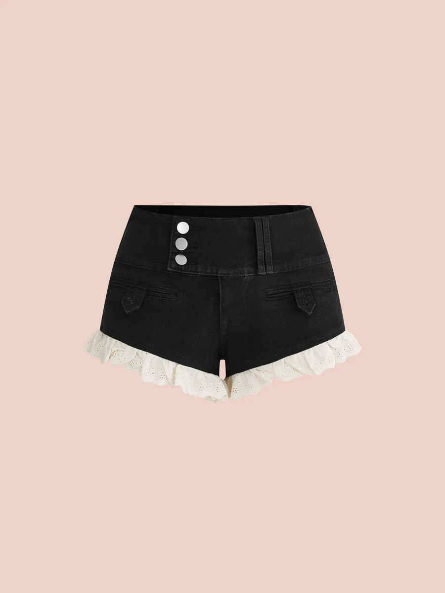 Sweetness Plus Size Women's Y2K Sweet Casual Cotton Ruffle Embroidered Lace Black Denim Shorts - Black - View 1