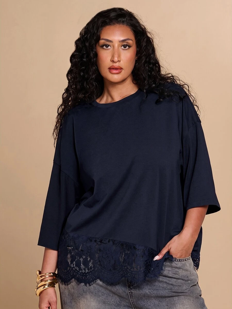SHEIN BAE CURVE Plus Size Women's Fashion Versatile Lace Patchwork T-Shirt - Navy Blue - View 1