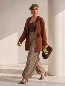 Xyvia 女款休閒度假開襟落肩抽繩貼袋連帽中長版輕便外套，適合春季、秋季與初冬 - 棕色 - 查看 1