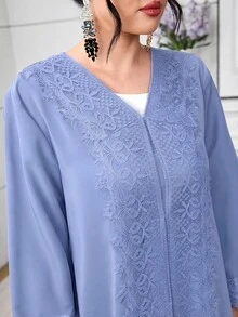 Al Najma 女款長版寬鬆休閒日常蕾絲飾邊黑色晨袍 - 霧霾藍 - 查看 4