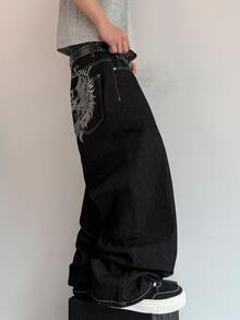 STEELVANCE 男士街頭風復古時尚百搭做舊水洗鉚釘翅膀刺繡寬鬆寬腿休閒牛仔褲（不含腰帶與配件） - 黑色 - 查看 4