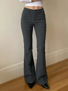 Livesso Women's Solid Color Waist Button Design Flared Elegant Suit Pants Fall - Grey - View 5