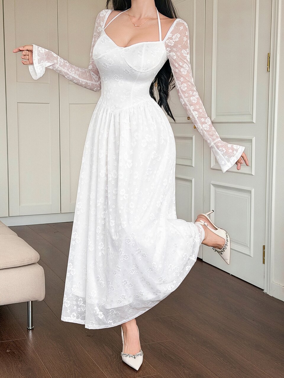 Spring/Summer Halter Neck Flared Sleeve White Lace Floral Mesh Patchwork Waist-Cinched A-Line Midi Dress For Wedding, Party, Vacation, Elegant Women