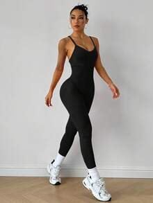 SHEIN Velisys Women's Yoga Ribbed Athletic One-Piece Jumpsuit - Multicolor - View 3