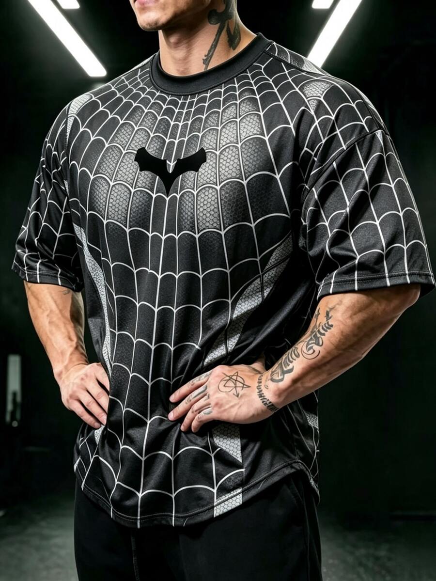 GymBeat Kaos Olahraga Kasual Pria Motif Kelelawar untuk Perjalanan Sehari-hari - Hitam - View 1