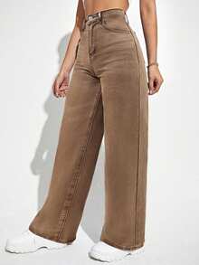SHEIN PETITE Celana Jeans Denim Kasual Model Washed, Pinggang Tinggi, Potongan Lurus, Musim Gugur, Wanita Bertubuh Mungil, Untuk Sehari-hari - Coklat - View 7